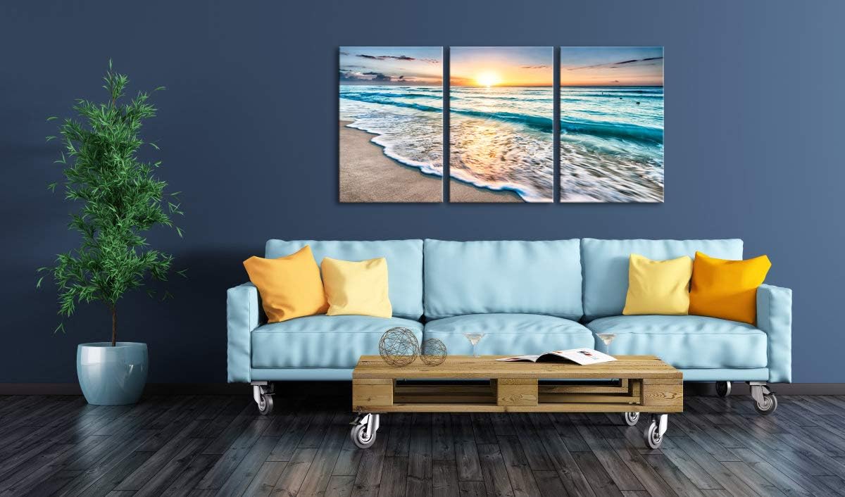 3 Panels Blue Beach Sunrise White Wave Canvas Wall Art S784