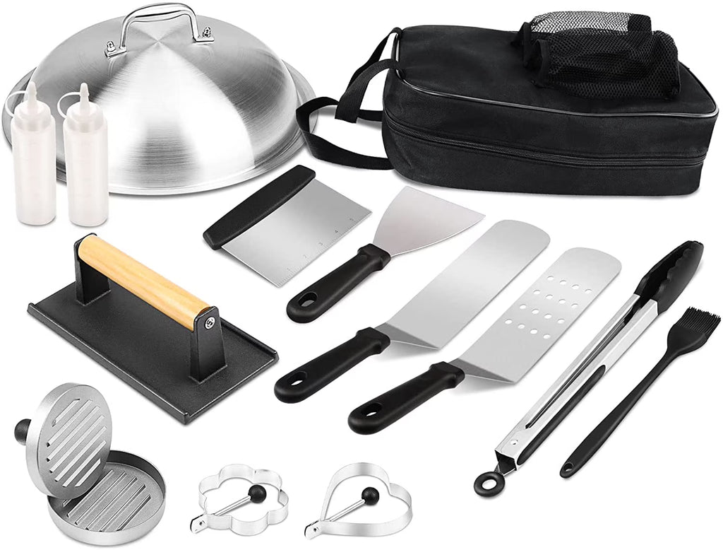 Griddle Tool Set Flat Top Grill Accessories Kit with 304 Melting Dome Lid, Spatulas, Scraper, Egg Rings, Burger Press Carrying Bag & Squirt Bottles Y346