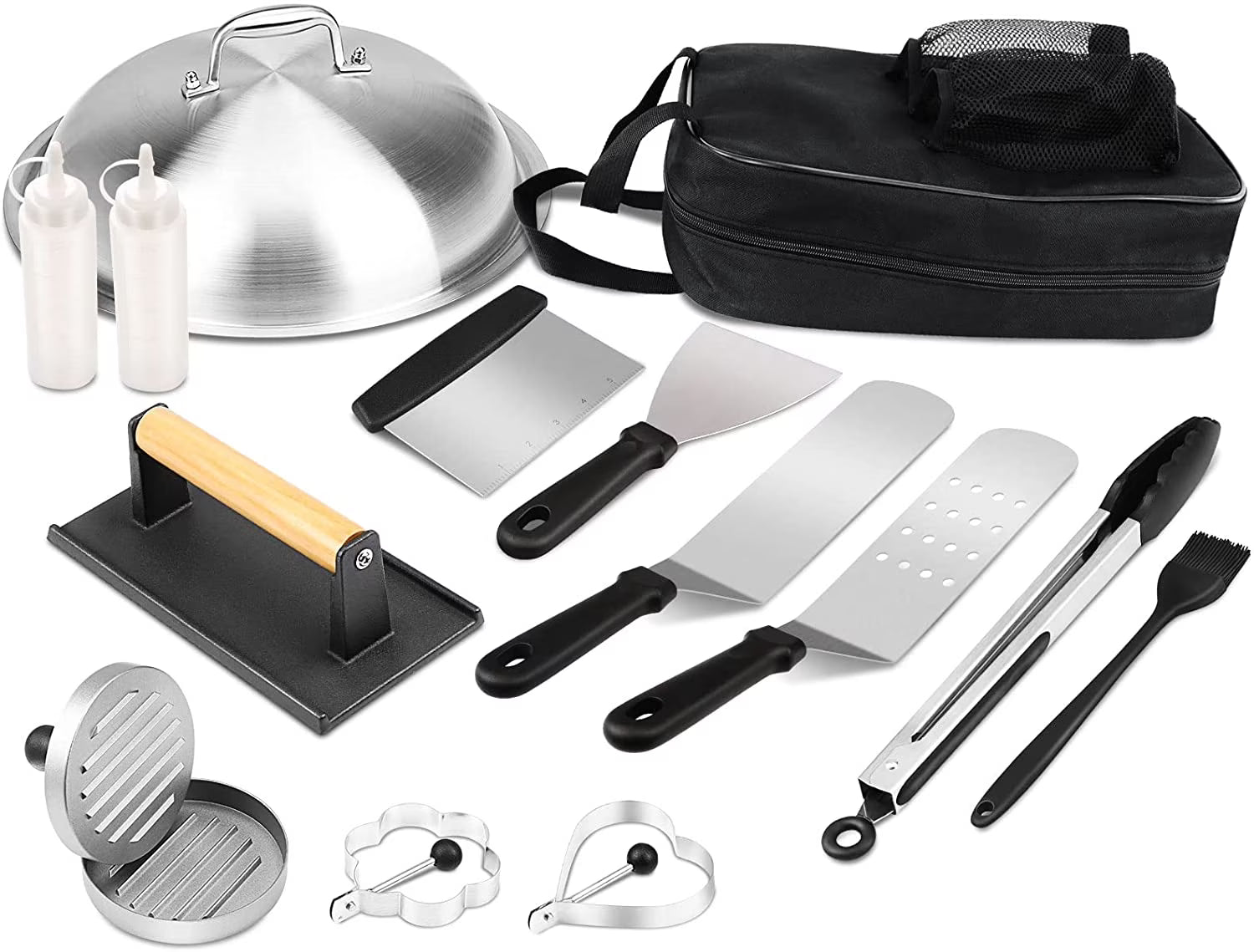 Griddle Tool Set Flat Top Grill Accessories Kit with 304 Melting Dome Lid, Spatulas, Scraper, Egg Rings, Burger Press Carrying Bag & Squirt Bottles Y346