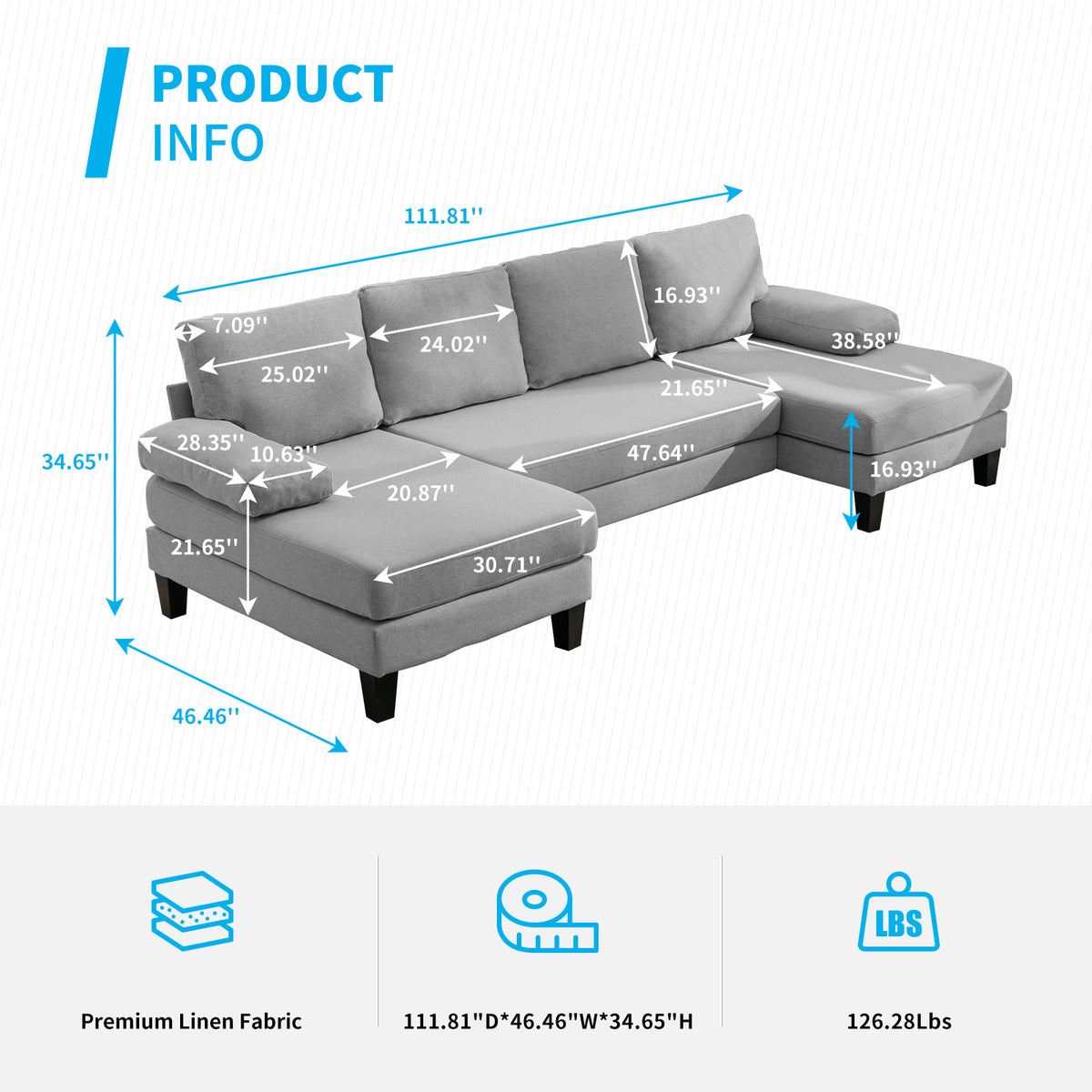 Light Gray 4 Seats Linen Fabric U-Shaped Sectional Sofa with Double Comfy Chaise D587