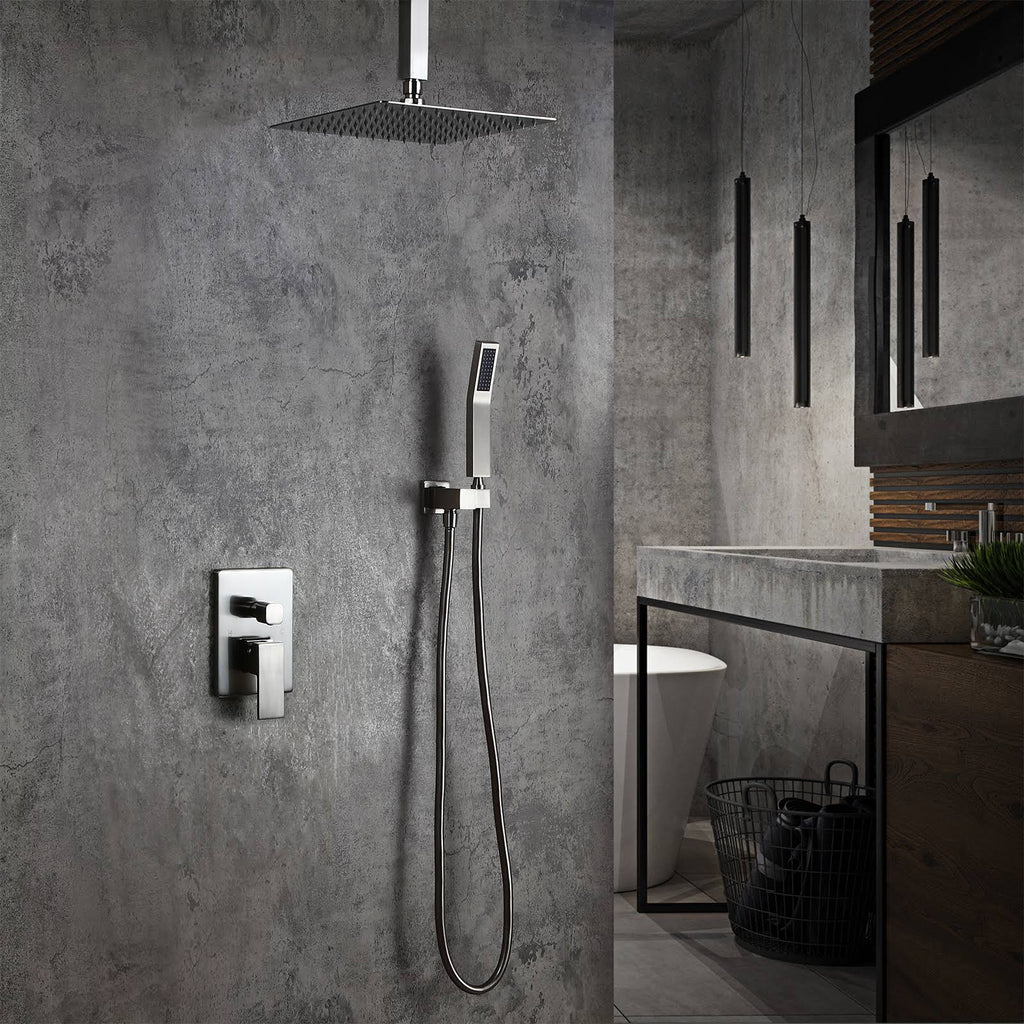 Brushed Nickel Wall Mounted Shower Set with Square Ceiling Mount Rainfall Shower Head L374188