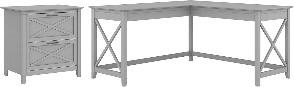 Dark Gray Hickory L Shaped Desk with 2 Drawer Lateral File Cabinet G5056
