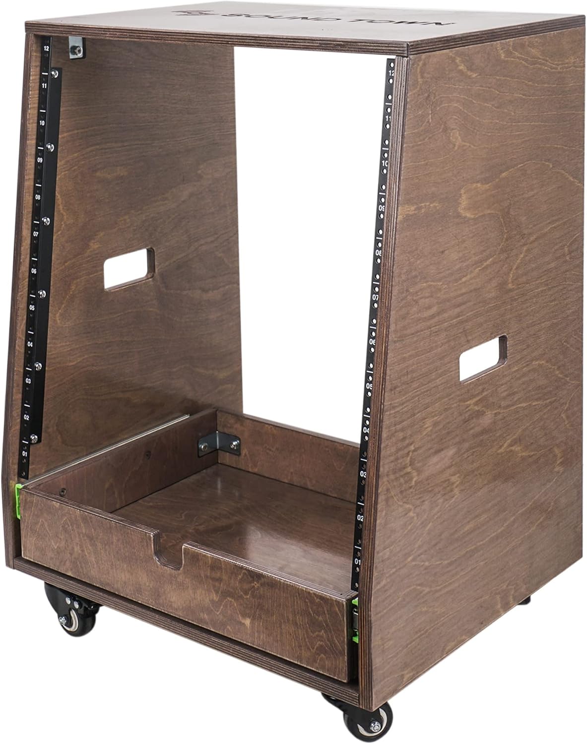 12U Slanted Studio Rack with 2U Drawer, Plywood, Weathered Gray Y1338