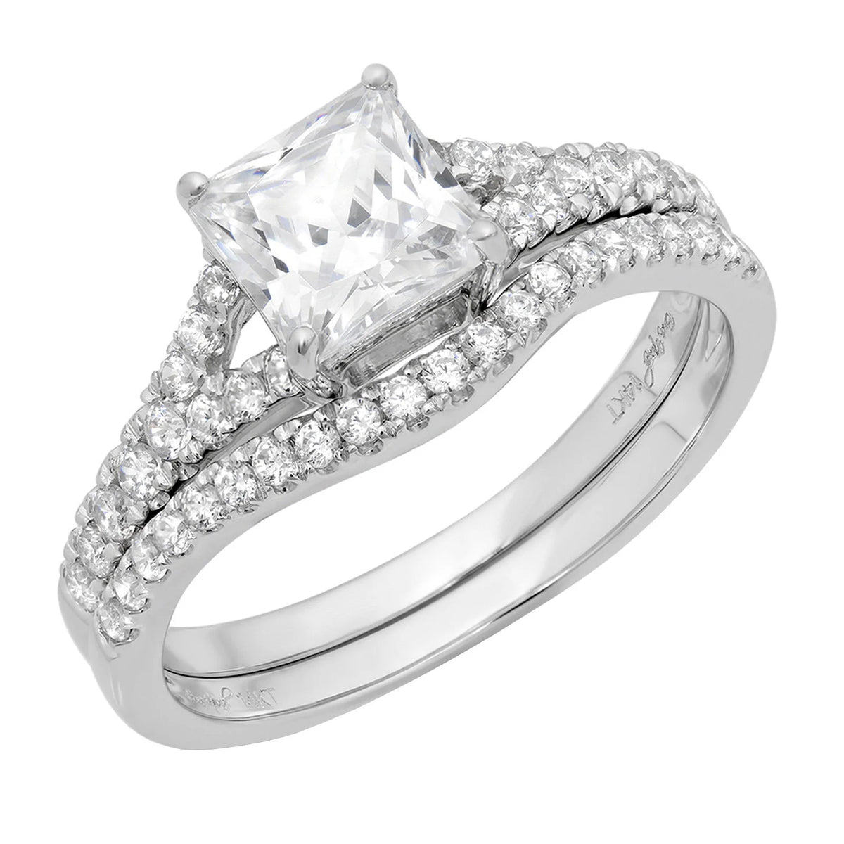 Princess Cut Clear Lab Created Moissanite 18k White Gold Ring Band Set sz 3.5 I89970