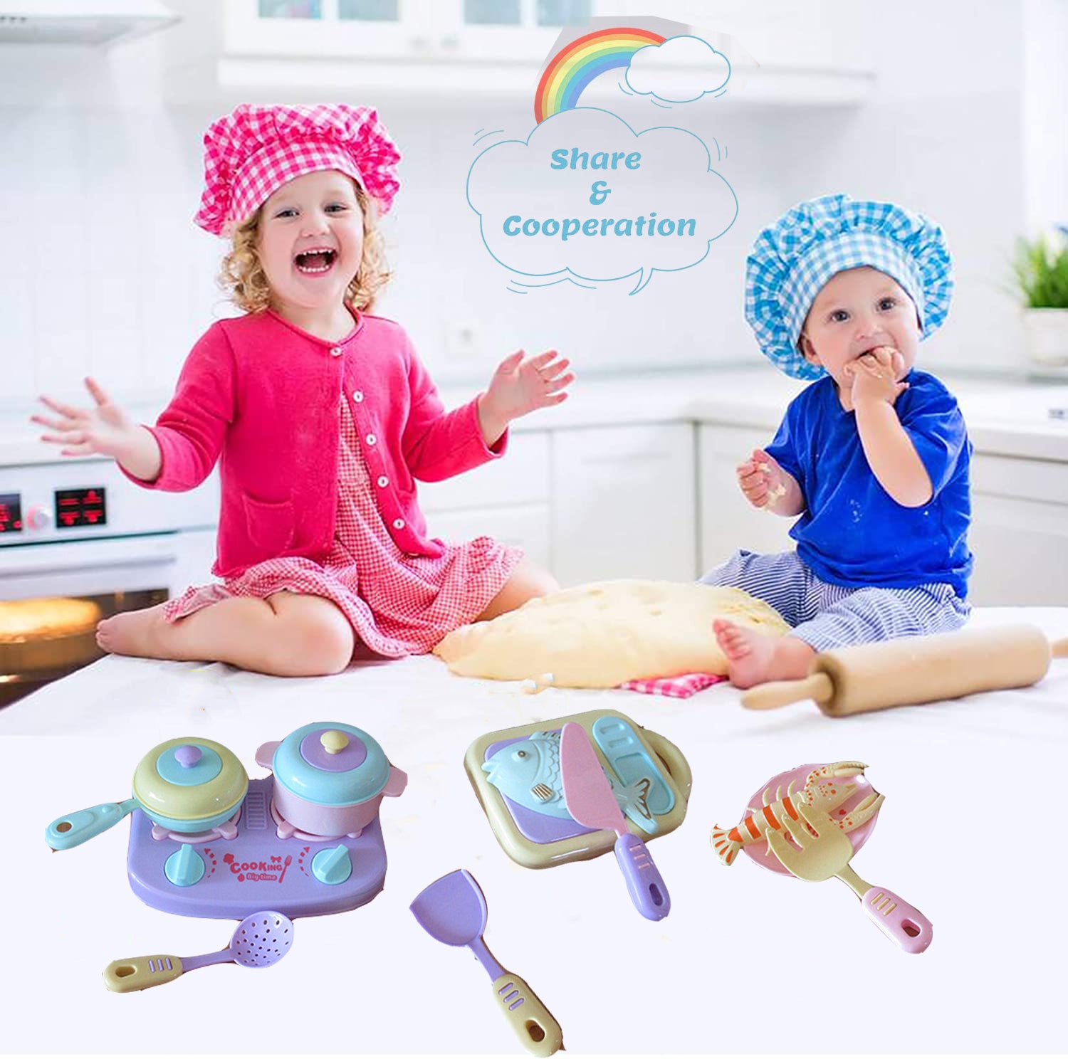 13Pcs Pretend Cooking Playset with Pot, Pan, Cooking Utensils and Play Food I170863