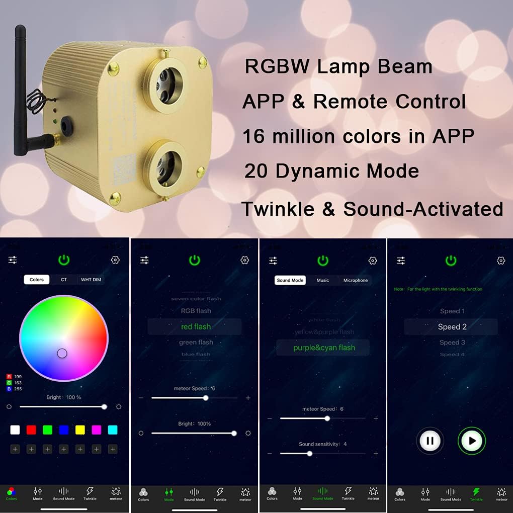 Bluetooth Fiber Optic Ceiling Lighting Kits 1100pcs 13.1ft Dual Port RGBW Sound Remote Control J22707