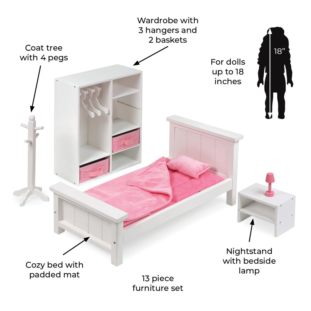 White Doll Bedroom Set with Bed, Armoire, and Nightstand R44884