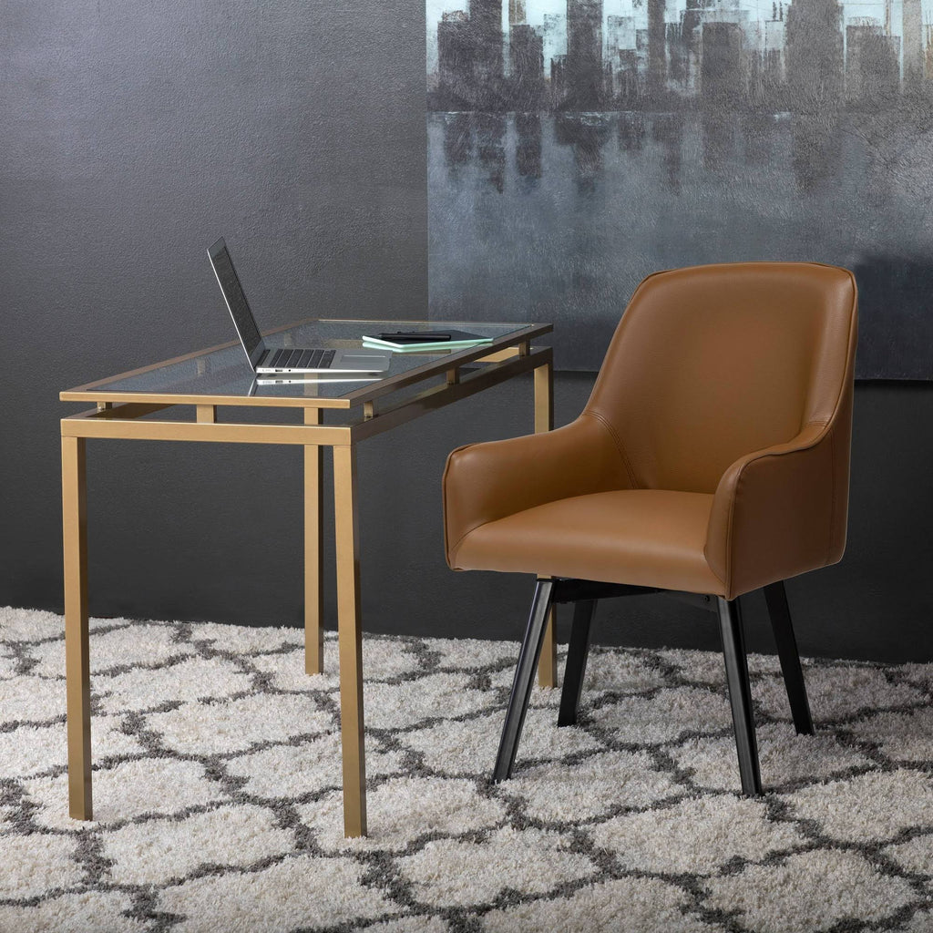 Caramel Brown Black Swivel Accent Chair with Arms Blended Leather Metal Legs P205