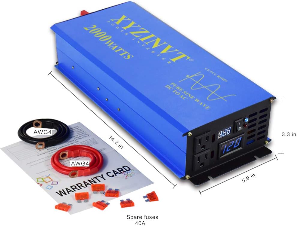 2000 watt Pure Sine Wave Power Inverter DC 12V to AC 120V with LED Display and Wireless Remote Controller H5594