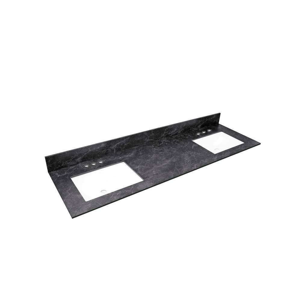 73 in. W x 22 in. Black Vanity Top with Double White Sinks and 4 in. Faucet Spread N3974