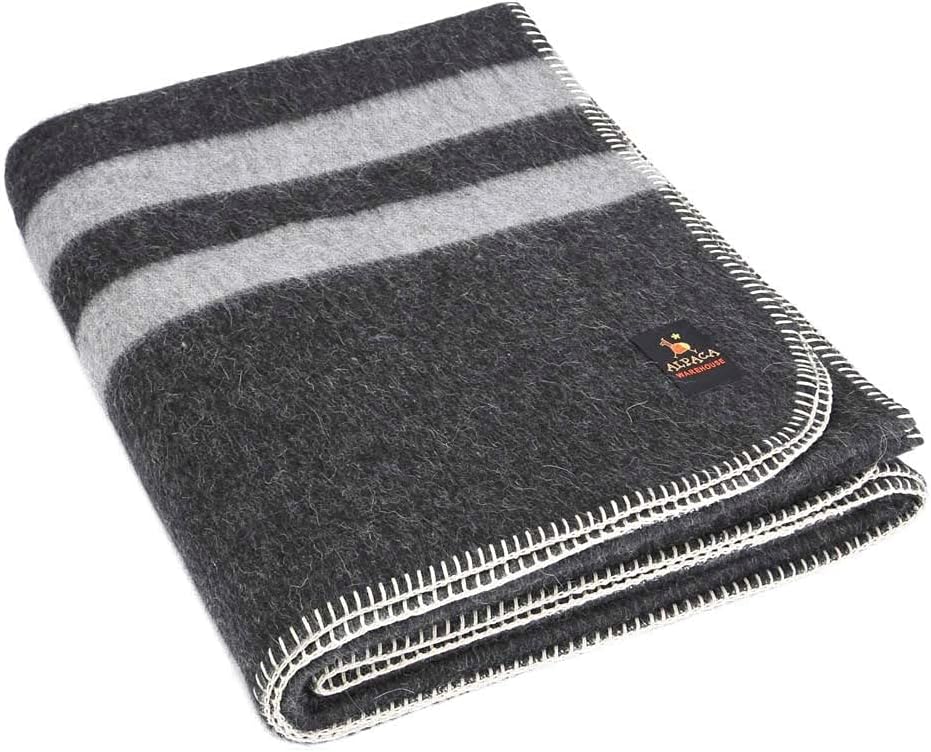 Twin Alpaca Wool Blanket in Orange - Dark Brown Stripes I861180