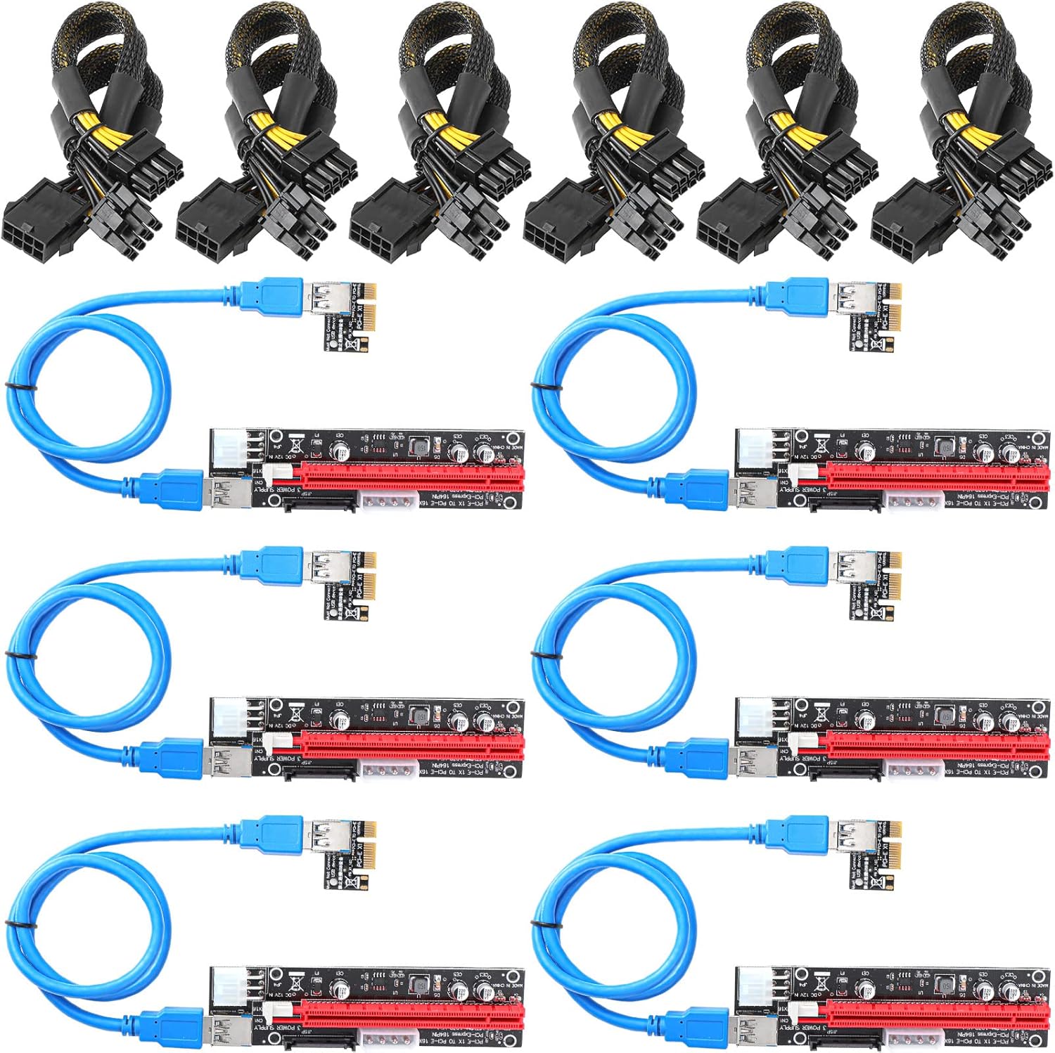 12 Pieces PCI-e Riser Express Cable Set 1X to 16X GPU Adapter Extension Cable USB 3.0 and VGA 8 Pin Female to Dual 8 Pin Male Splitter Braided Sleeved Cable Powered Riser Adapter Card Pack of 2 D95359