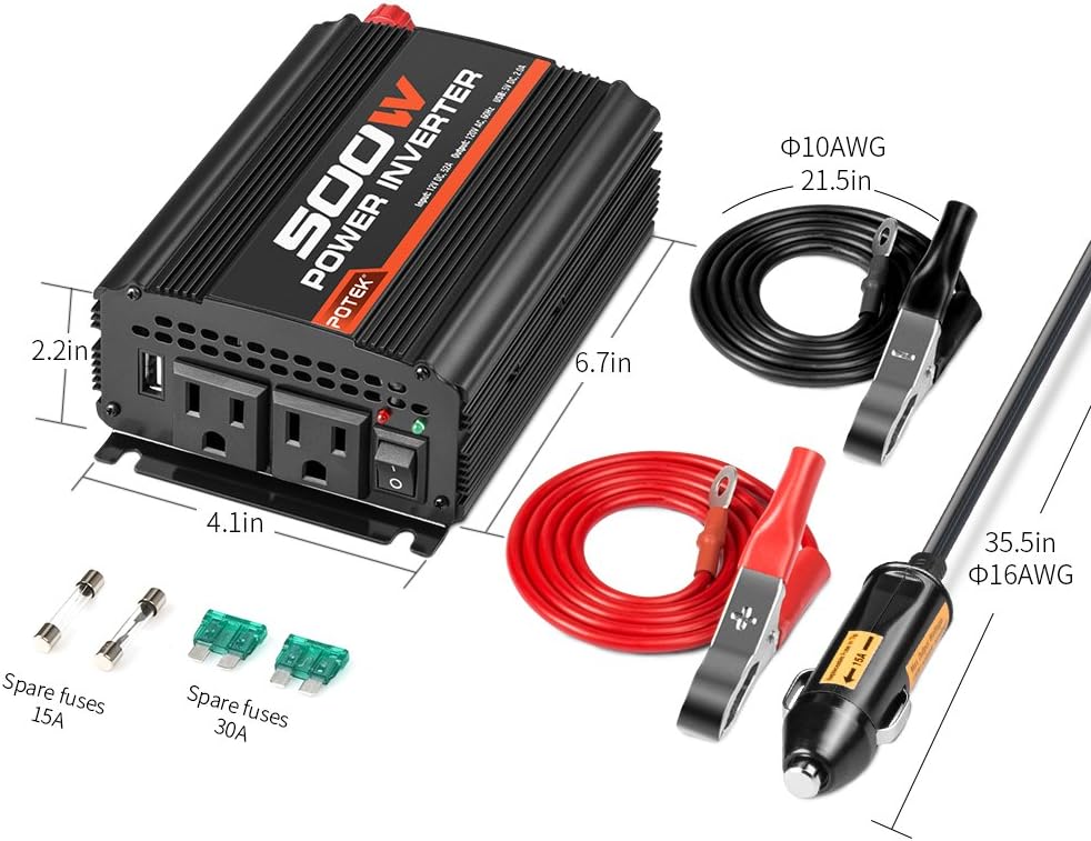 500W Power Inverter DC 12V to AC 110V Dual AC Charging Port and 2A USB Ports Pack of 2 W6592