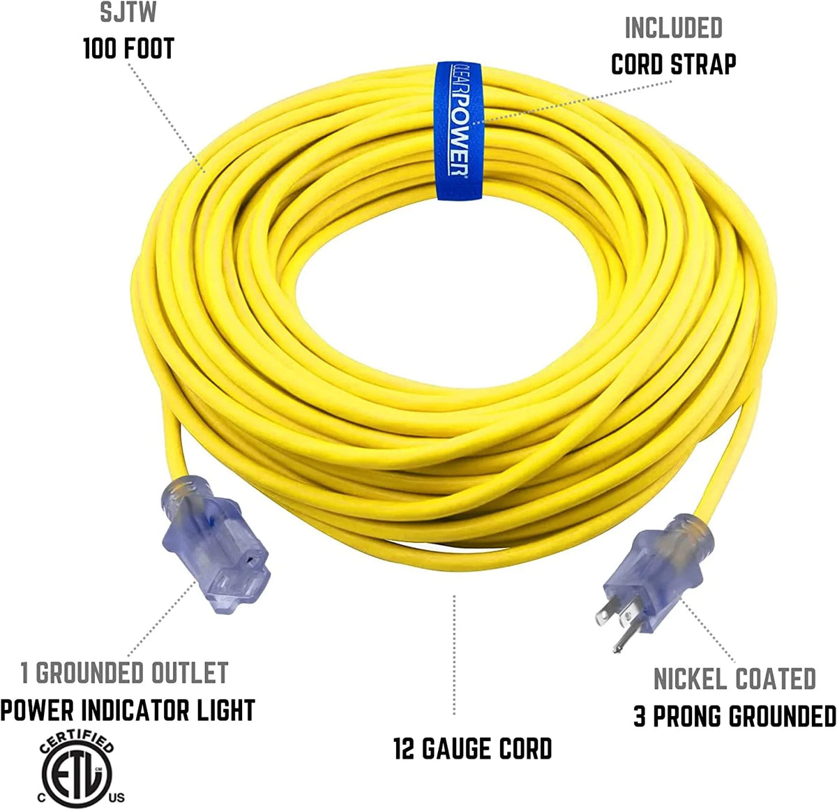 12/3 SJTW 100 ft Outdoor Extension Cord with Power Indicator Light, 3 Prong Grounded, Yellow C821594