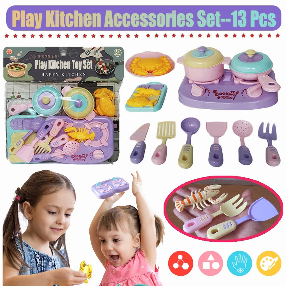 13Pcs Pretend Cooking Playset with Pot, Pan, Cooking Utensils and Play Food I170863
