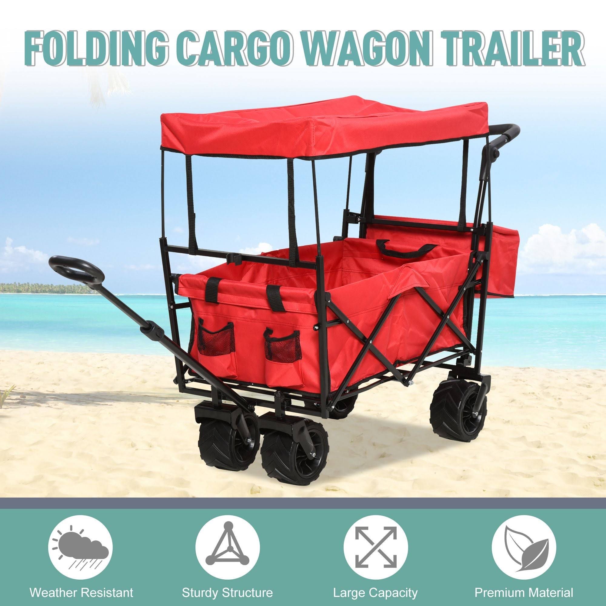 Red Collapsible Garden Utility Cart Wagon with Adjustable Handle, Canopy & All-Terrain Wheels A948739