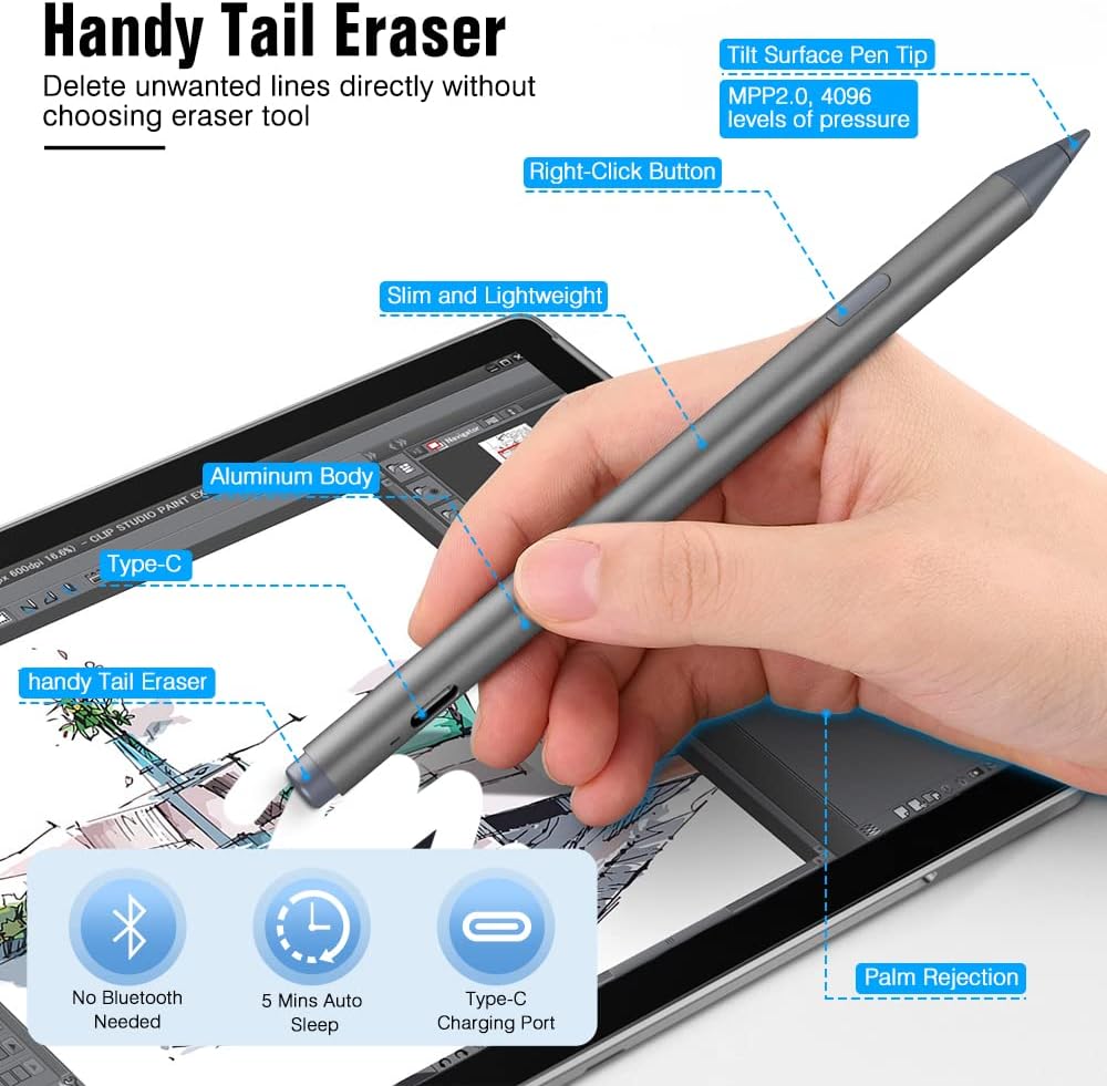 Magnetic Stylus Pen for Surface, 4096 Levels of Pressure Sensitivity, Pack of 2 E353873