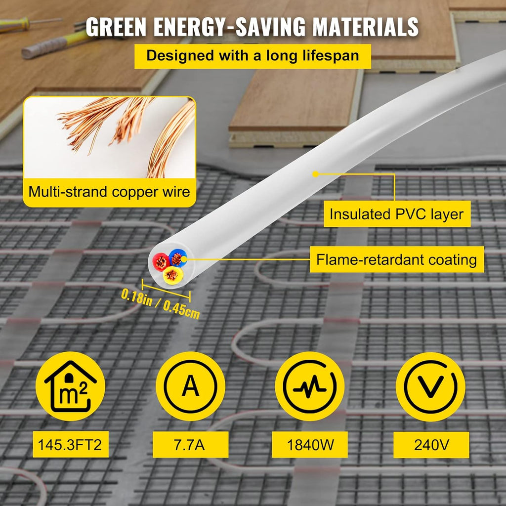 Floor Heating Cable 145.3 Square Feet with Temperature Control Panel C100