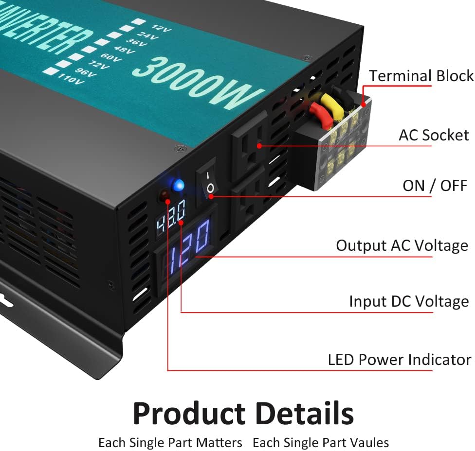 3000W 48V 120V Pure Sine Wave Power Inverter with 2 AC Outlets R2160