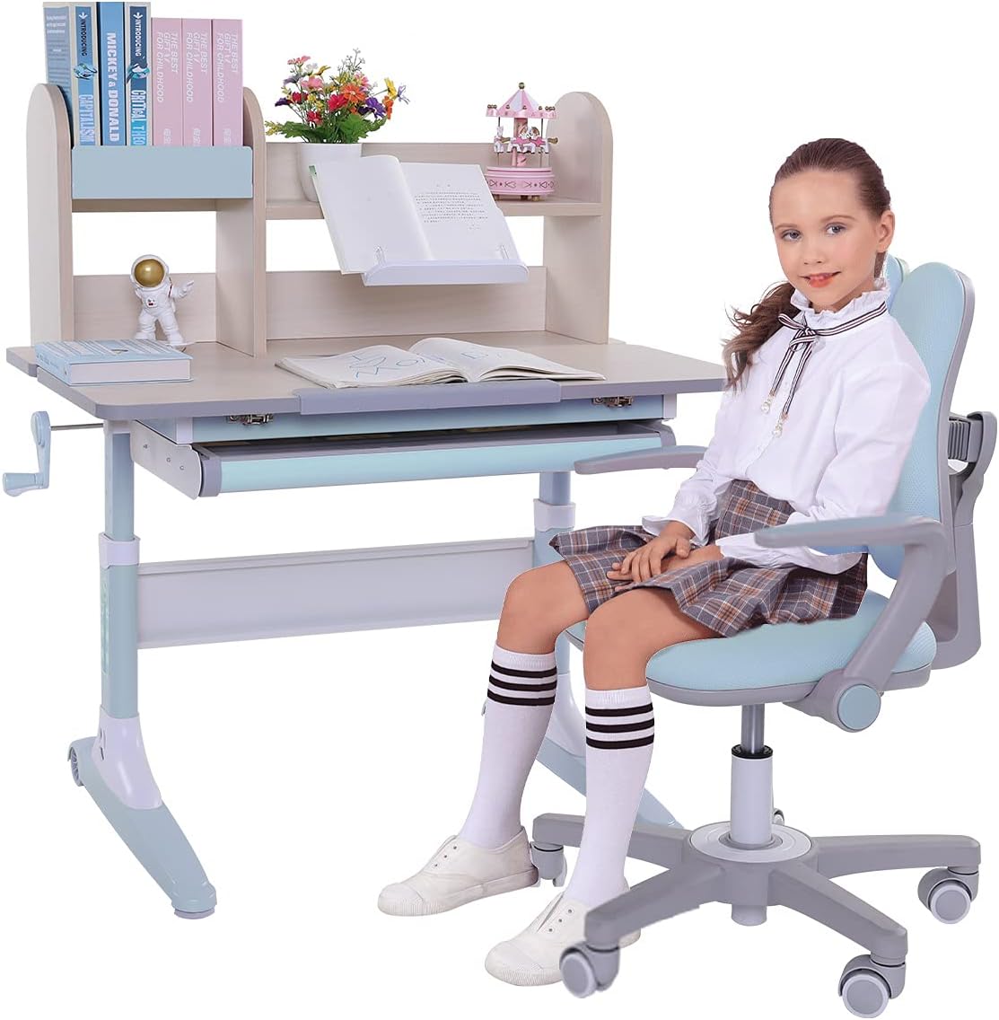 Pink Height Adjustable Kids Study Desk and Chair Set with Drawer and Bookshelf B733489