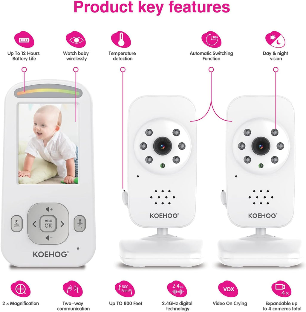 Video Baby Monitor with 2 Digital Cameras 1,000ft Range 2-Way Talk Temperature Display Day/Night Vision P3914