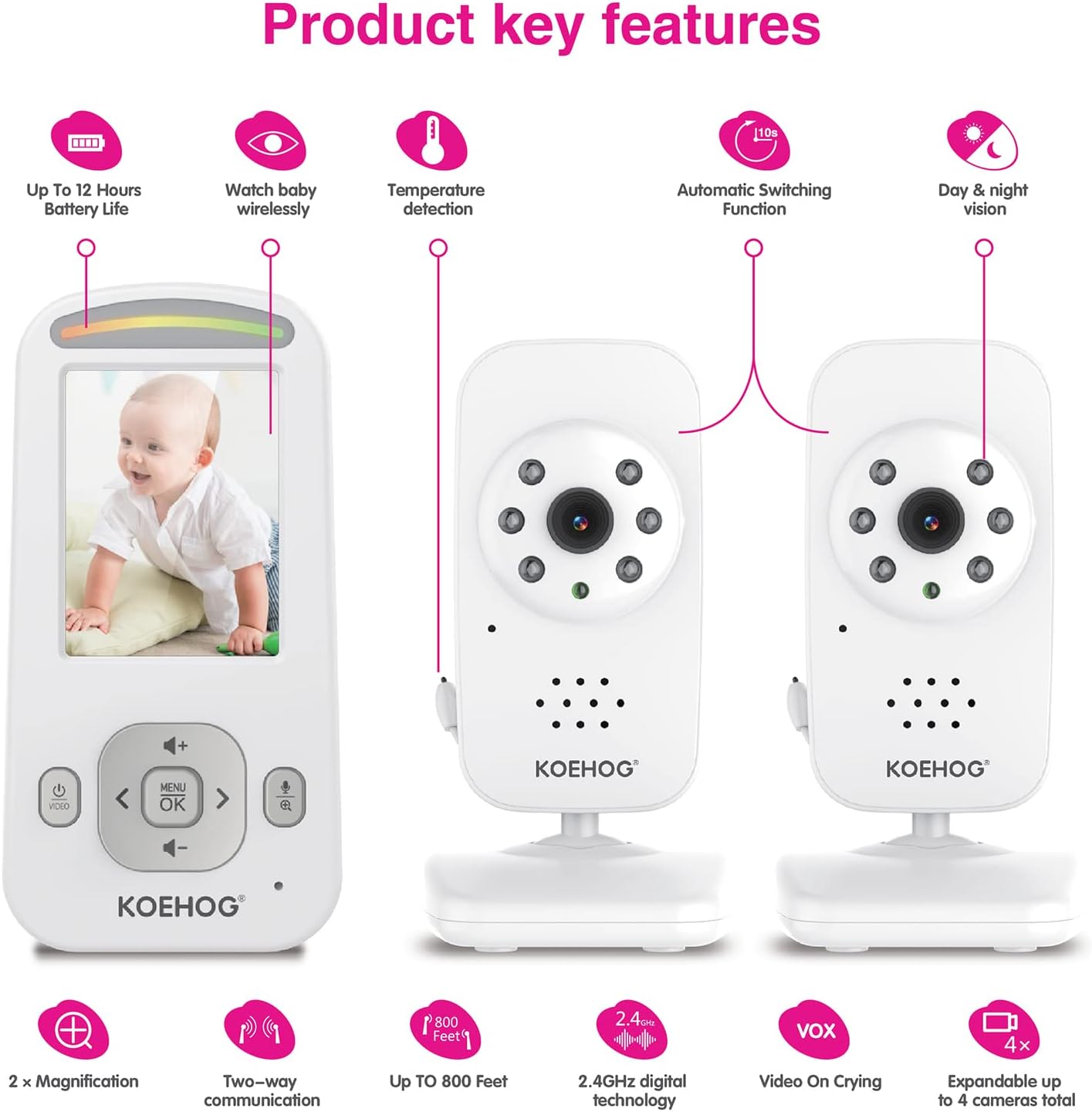 Video Baby Monitor with 2 Digital Cameras 1,000ft Range 2-Way Talk Temperature Display Day/Night Vision P3914