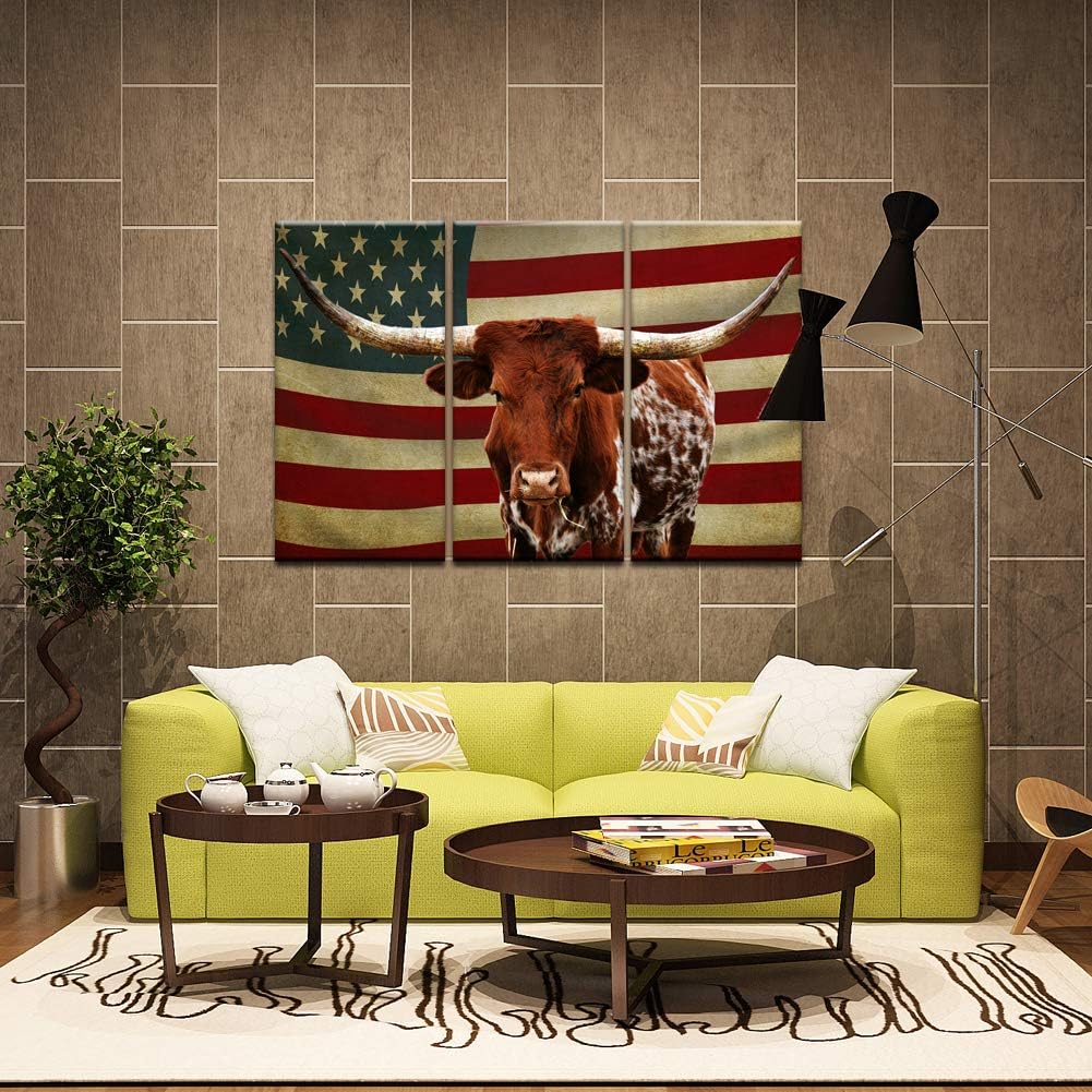3 Piece Canvas Print Texas Longhorn with American USA Flag Wall Art R44369