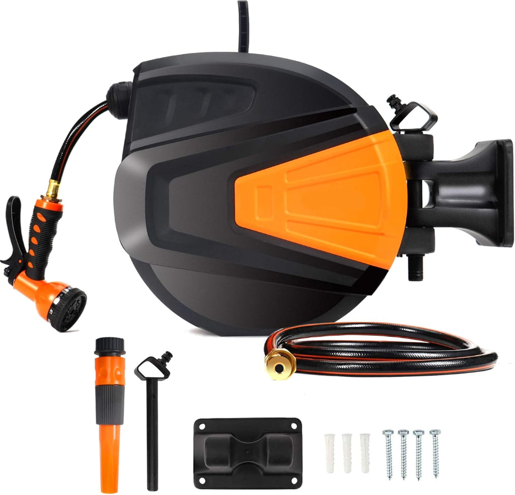 Black Wall Mounted Garden Hose Reel with Sprayer Nozzle X7454