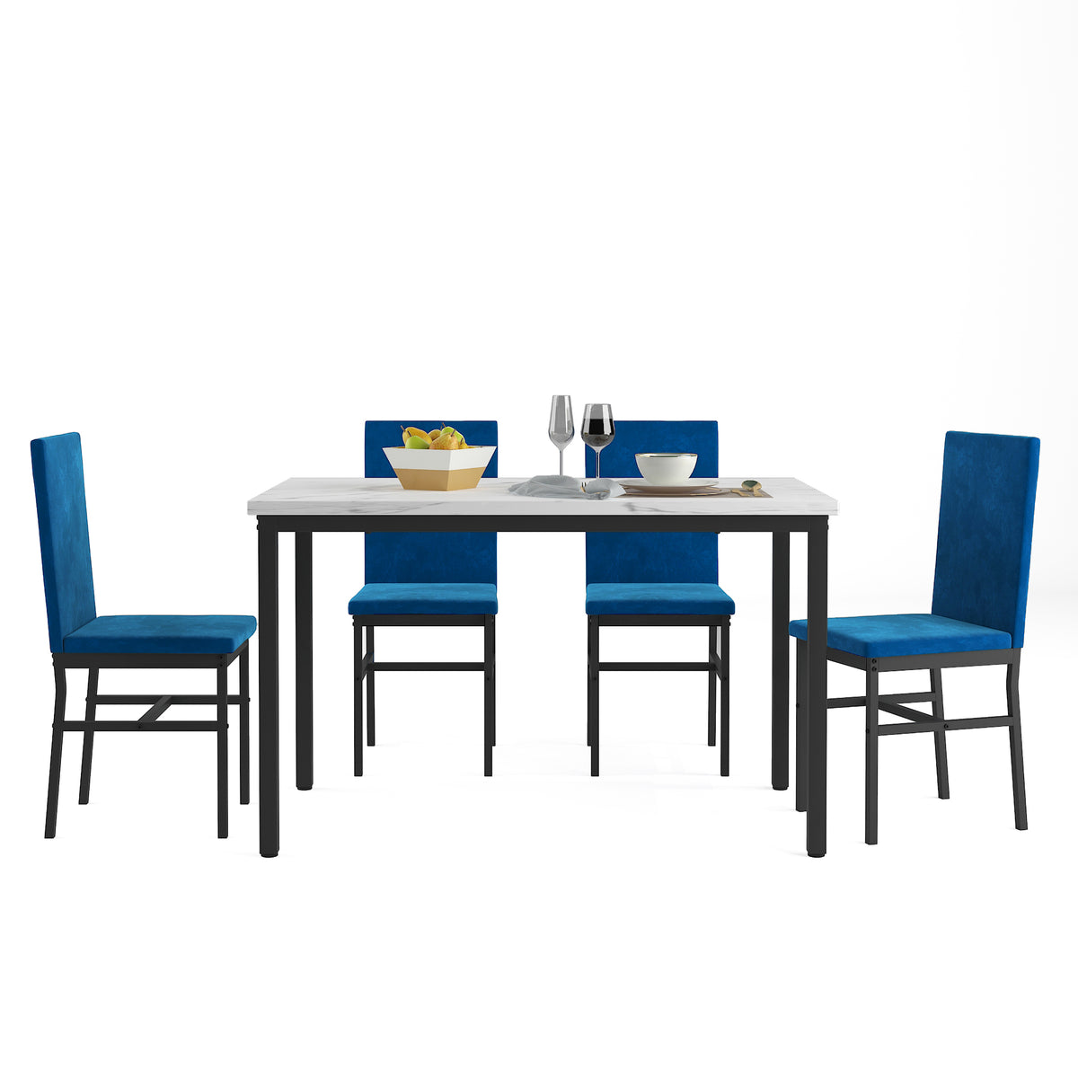 5-Piece Dining Table and Chairs Set with White Marble Top and Blue Velvet Chairs B23914