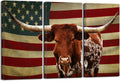 3 Piece Canvas Print Texas Longhorn with American USA Flag Wall Art R44369
