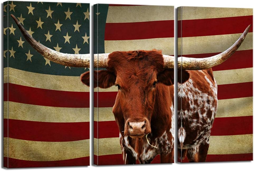3 Piece Canvas Print Texas Longhorn with American USA Flag Wall Art R44369