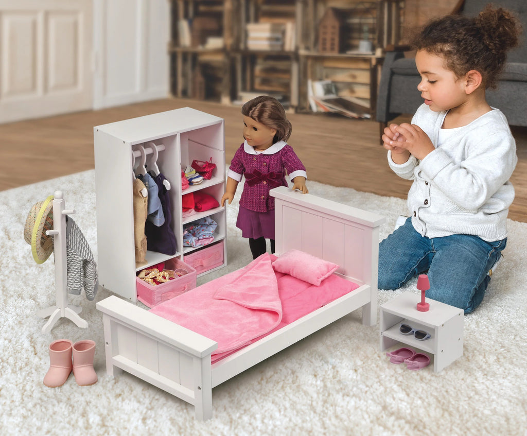 White Doll Bedroom Set with Bed, Armoire, and Nightstand R44884