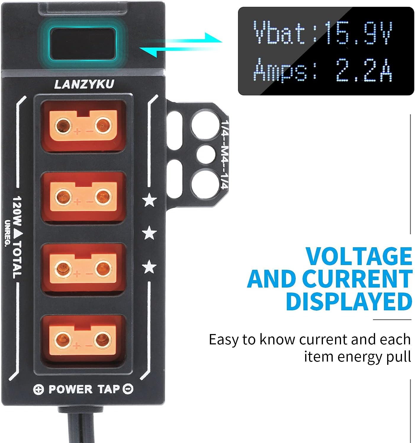 Compact 1x4 P-Tap Splitter with Voltage and Amps Display, Aluminum Alloy, Pack of 2 V757