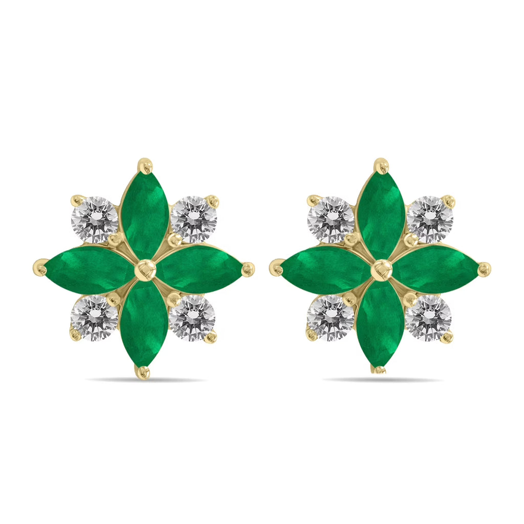 Emerald and Diamond Flower Earrings in 10K Yellow Gold I154