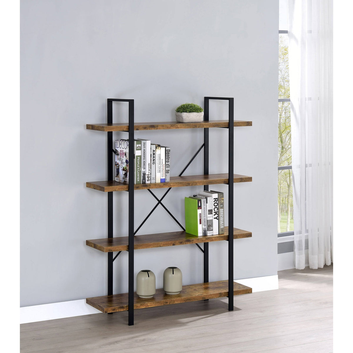 Antique Nutmeg and Black 4-Shelf Bookcase N3818