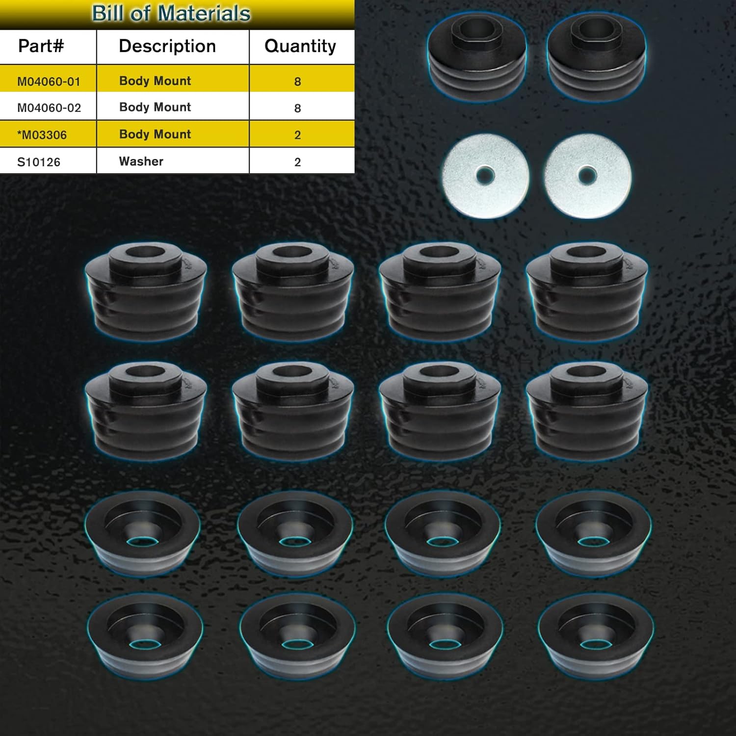 18Pcs Black Polyurethane Body Mount Bushing Kit B279216