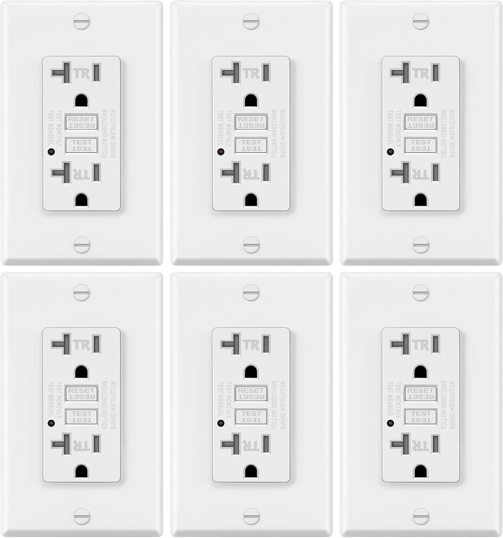 6 Pack White GFCI Outlets Receptacles with LED Indicator, 20A/125V/2500W, Tamper-Resistant, Decorator Wall Plates and Screws Included K5089
