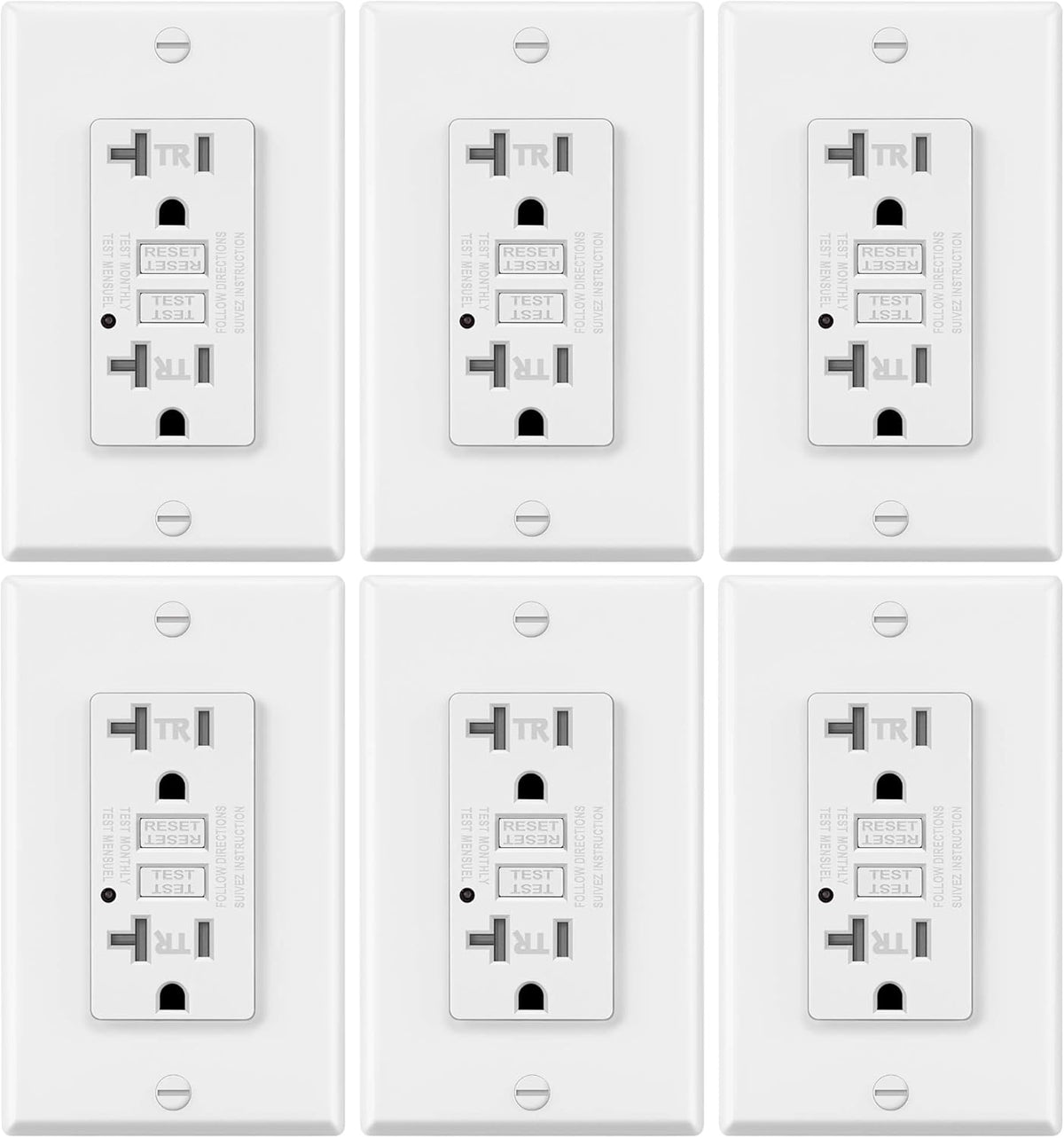 6 Pack White GFCI Outlets Receptacles with LED Indicator, 20A/125V/2500W, Tamper-Resistant, Decorator Wall Plates and Screws Included K5089