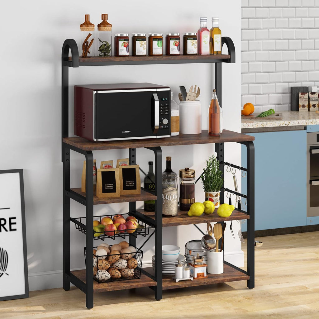 35.5 inches Industrial Kitchen Cart with Wire Basket and 6 Hooks (Black) D69679