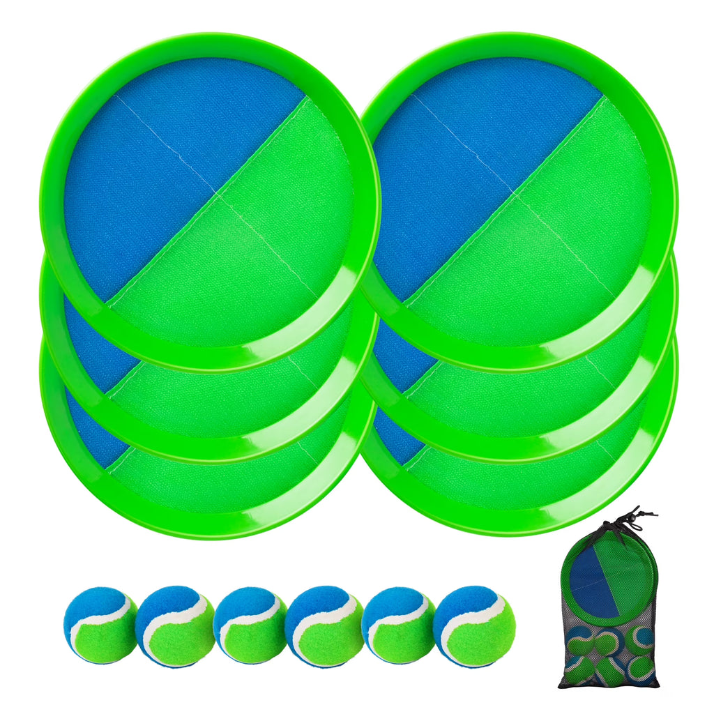8 Inch Paddle Catch Games Toy (6 Rackets, 6 Balls, 1 Storage Bag) (Green/Blue) P1184