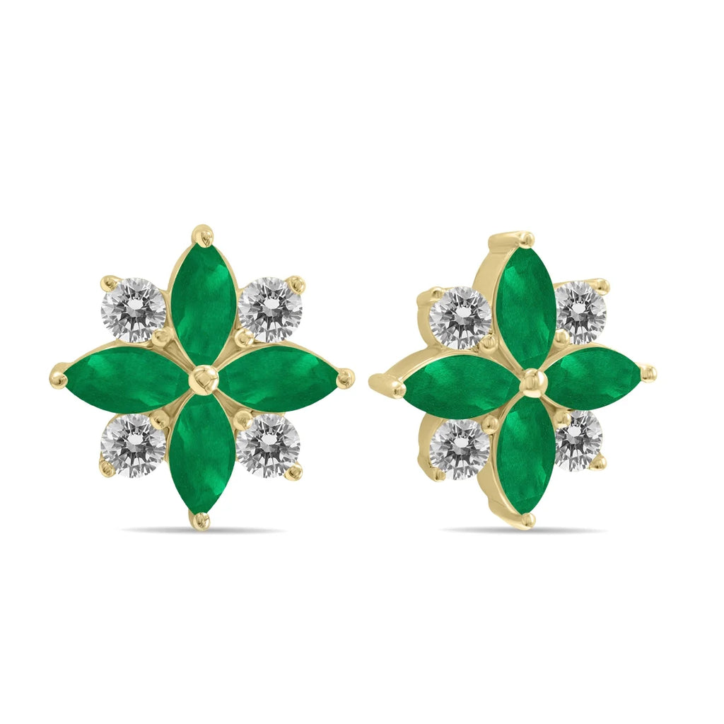 Emerald and Diamond Flower Earrings in 10K Yellow Gold I154