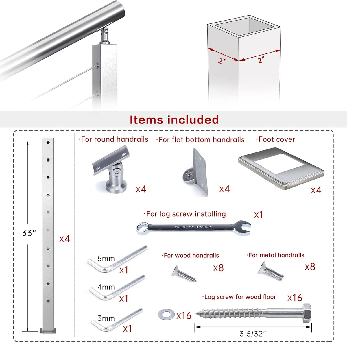 4Pack Stainless Steel Brushed Cable Railing Post Y2750