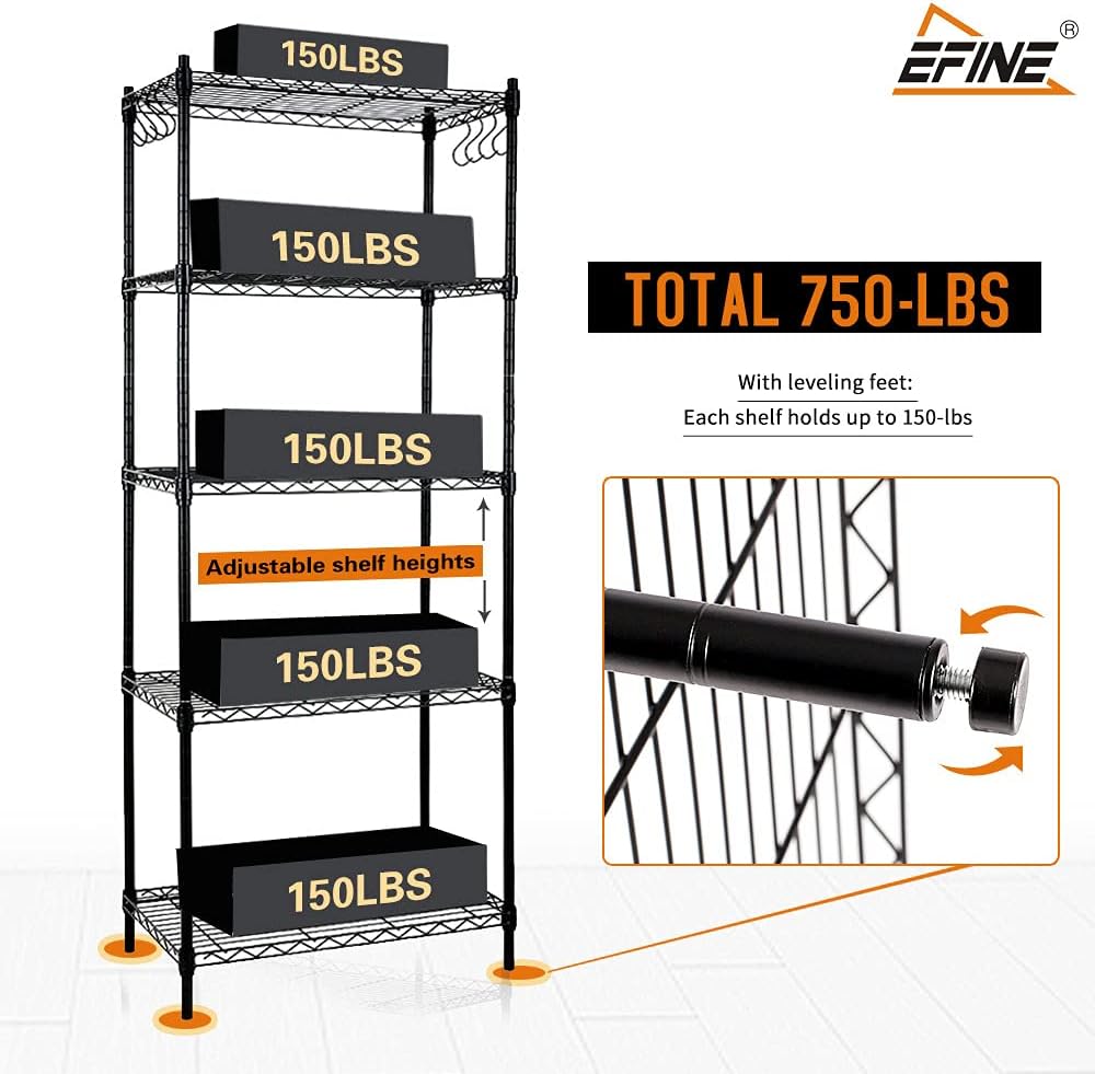 5-Shelf Steel Wire Shelving Unit with 8-Hook, Black, Pack of 2 G229