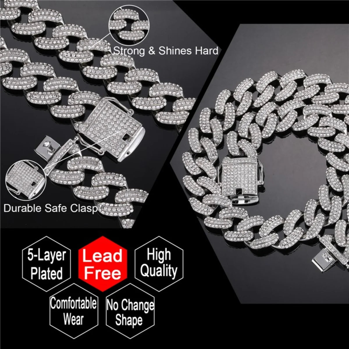 19MM Zircon Cuban Chain Necklace Bracelet Set 24" E3837