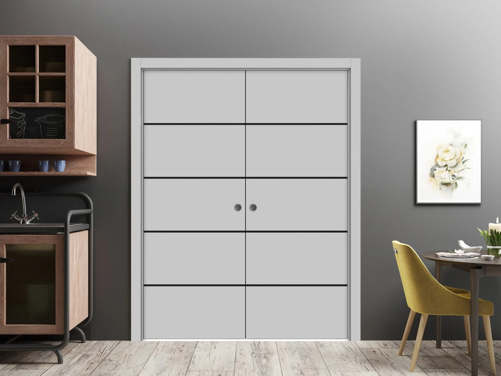 Sliding French Double Pocket Doors 48 x 84 inches Grey Matte with Frosted Glass Solid Wood Interior Doors J98650