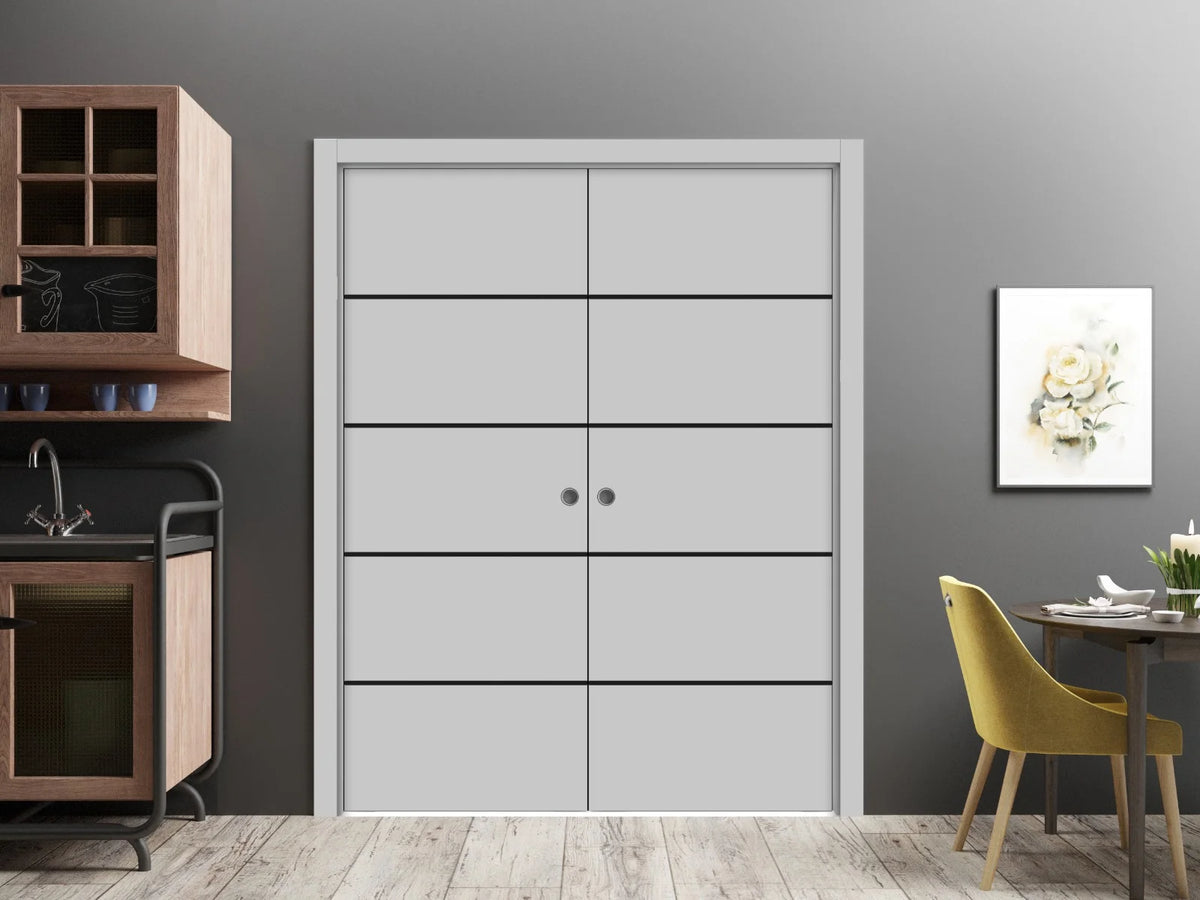 Sliding French Double Pocket Doors 48 x 84 inches Grey Matte with Frosted Glass Solid Wood Interior Doors J98650