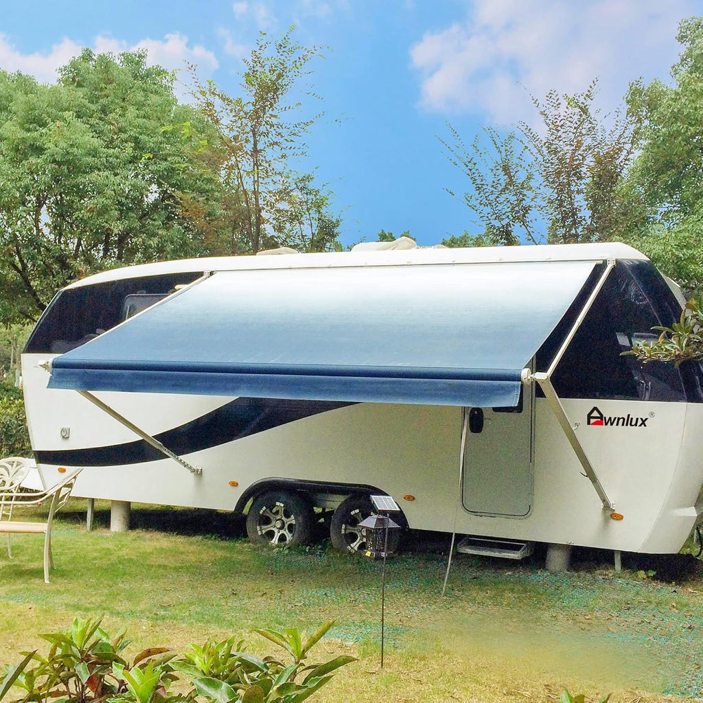 White Manual Modular Retractable RV Awning Full Set Assemblies, 10x8 Ft, Black Strip I82455