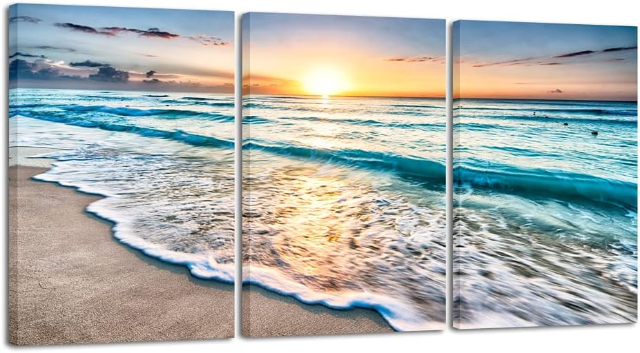 3 Panels Blue Beach Sunrise White Wave Canvas Wall Art S784