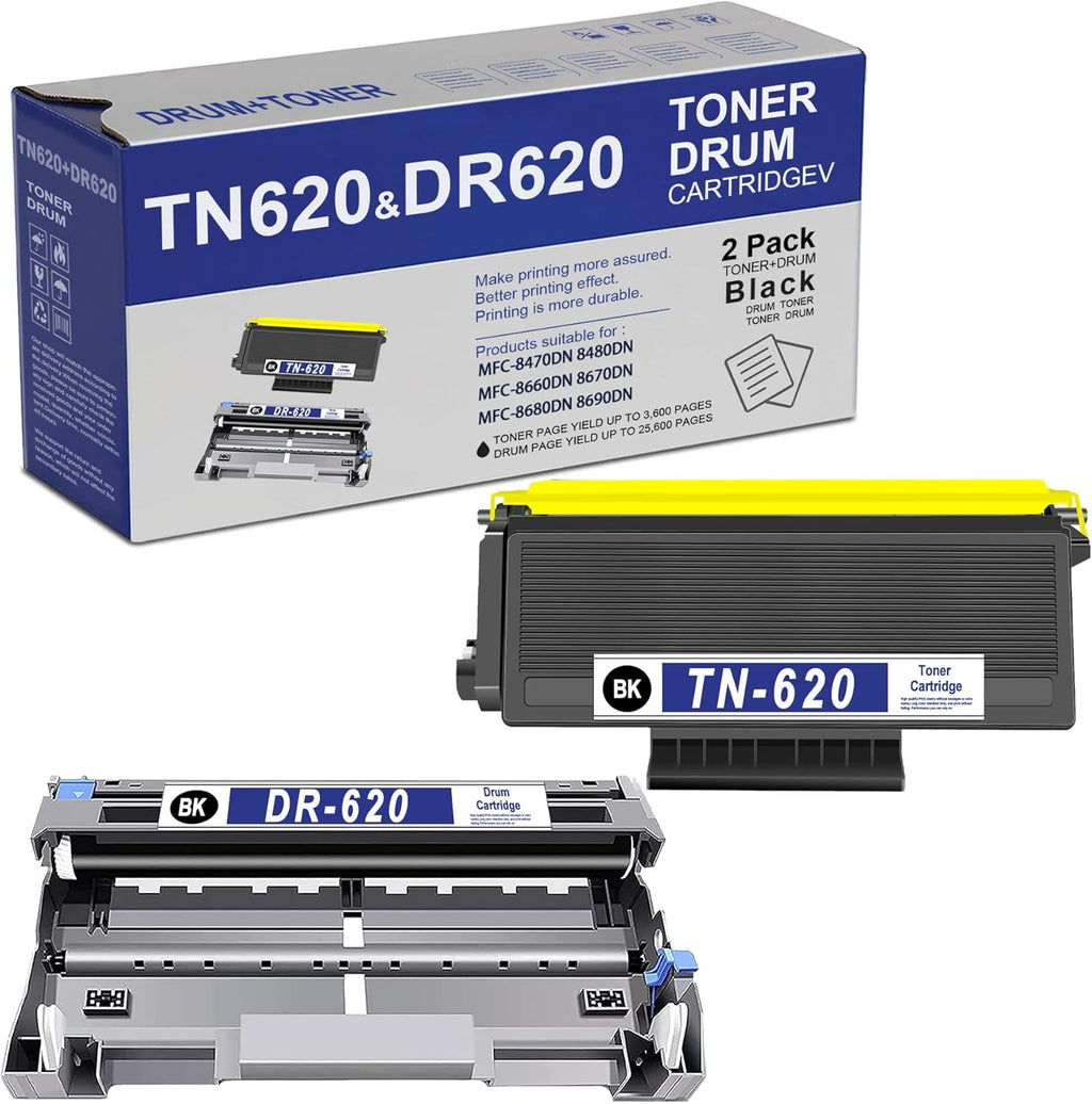 2-Pack TN-620 Toner Cartridge and DR-620 Drum Unit Replacement for Brother Printer Q607