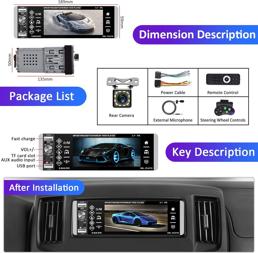 5.1 Inch HD Single Din Touchscreen Car Stereo with Bluetooth Backup Camera O924156